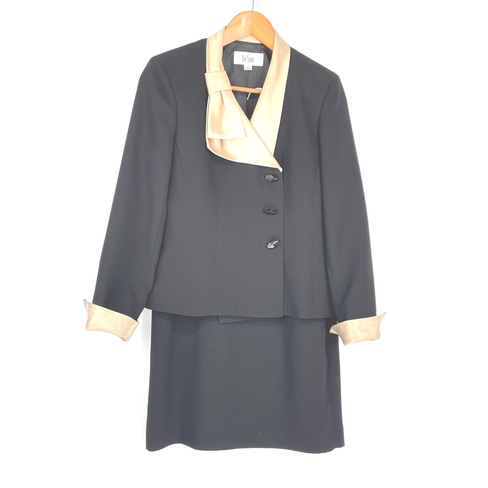 Excellent Le Suit Womens Skirt Suit 6 2-Piece Black Champagne Bow Satin Trim‎